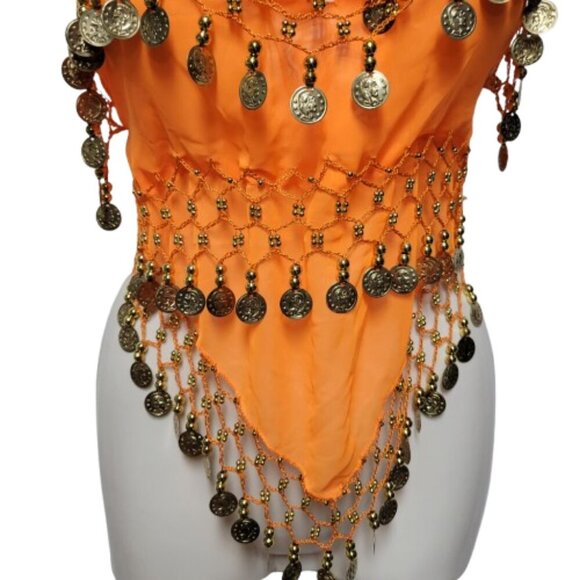 Orange Belly Dance Top with Gold Coins Halter Crop Top - Picture 3 of 10